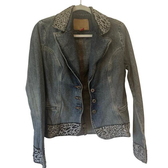 GUESS Jackets & Blazers - Guess Denim Blazer Women’s Jacket L Leopard Trim Fitted Y2K